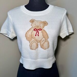 LE LIS COLLECTION Cream‎ Teddy Bear Knit Cropped Sweater Top Size S